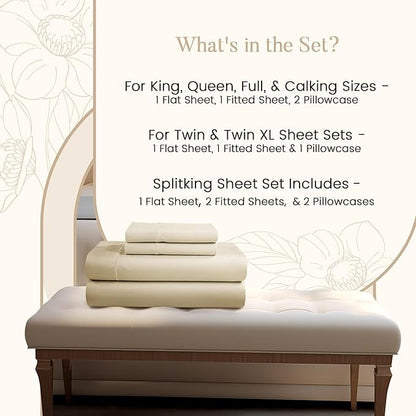 King Sheets Deep Pocket King Sheet Set,100% Cotton Bed Sheets, 800 Thread Count 4 PC Sateen Weave Luxury Bedding Sheet & Pillowcase Sets, Soft & Comfy Naturally Cool, No Pill Machine Washable- Ivory