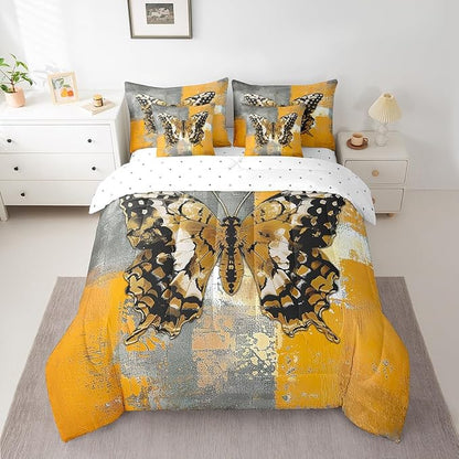 Erosebridal Boho Butterfly Full Comforter Set 7 Pieces for Girls Women Bedroom Decor, Yellow Gray Ombre Bed in a Bag Modern Contemporary Bedding Comforter Sets with Fitted Sheet and Flat Sheet