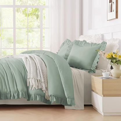 Andency Oversized King Comforter Set 128x120, 3 Pieces Green Ruffle Shabby Chic Famhouse Bedding Set for Women, Lightweight Fluffy Super King Plus Bed Set for Girls