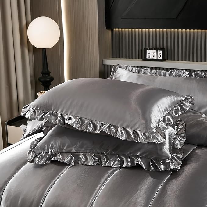 Satin Queen Comforter Set Silk Like Satin Bedding Set 4 Pcs Hotel Soft Polyester Grey Bed Set Luxury Silky Body Pillow Cover Ruffle Down Comforter Home Decor