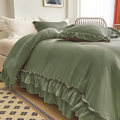 AIKASY Sea Green Comforters Twin Size Set, Vintage Boho Chic Farmhouse Bedding Sets Shabby Ruffle Queen Bed Comforter Bedding 3PCS（1 Comforter and 2 Pillowcases）