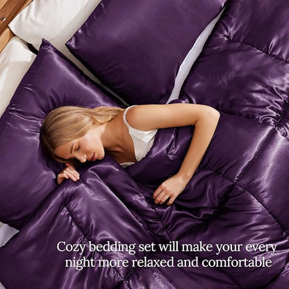Whale Flotilla 3-Piece Reversible Silky Soft King Size Comforter Bedding Set, Luxurious Satin Comforters Oversized with 2 Satin Pillowcases, Lightweight Duvet for All Seasons, Purple