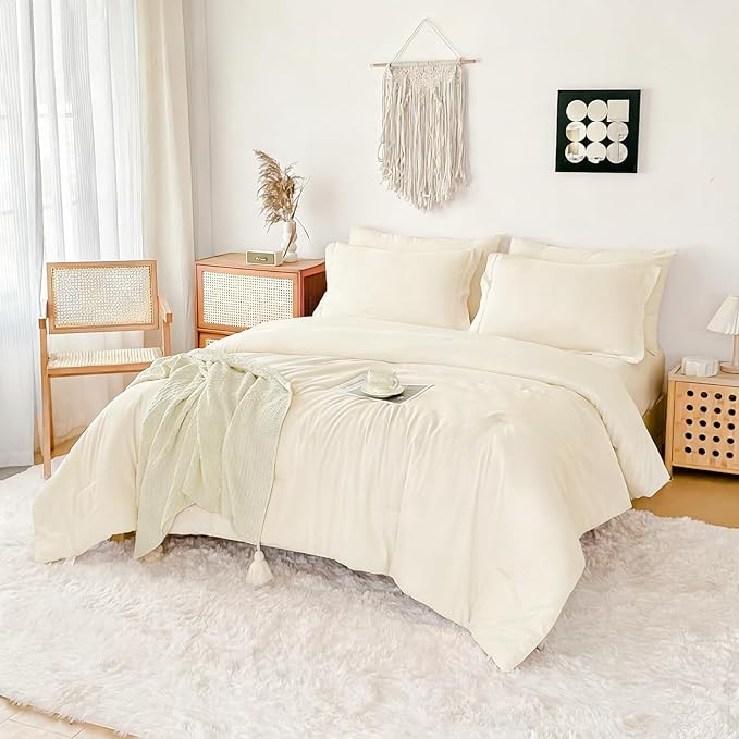 Cal King Comforter Set Double Brushed Microfier Cream - 7-Piece Bed in a Bag, All-Season Soft Bedding with Sheets & Envelope Pillowcases ((104"x90",Cal King)