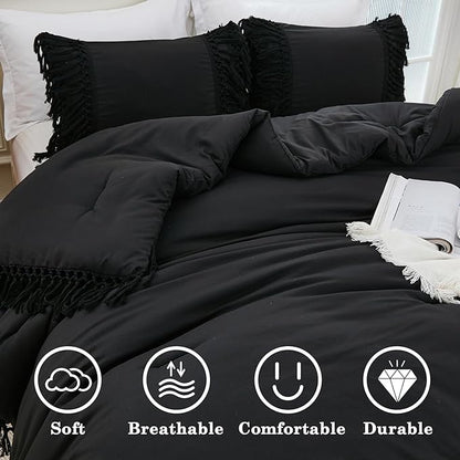 Andency Black Comforter Set California King, 3 Pieces Boho Tassel Lightweight Soft Bedding Comforter Sets for King Bed, All Season Fluffy Fringe Bed Set (104x96In Comforter & 2 Pillowcases)
