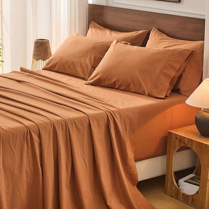 Bedlifes 100% French Flax Linen Sheets Set Queen Size - 6 Piece Extra Deep Pocket 18-24",Soft Breathable Queen Bed Sheets with Temperature Regulating & Moisture-Wicking(Brown