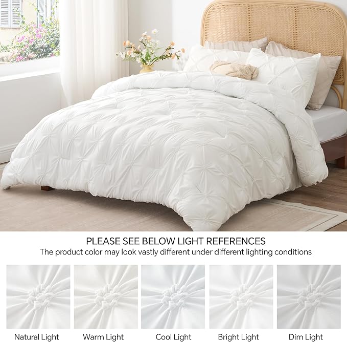BEDELITE White Queen Comforter Set - 3 Pieces Boho Pintuck Bedding Comforter Sets, Lightweight Soft & Warm Bed Comforter Queen with 2 Pillowcases for All Season