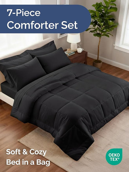 Queen Comforter Set - 7 Piece Bed in a Bag Queen Size Bed Set - Down Alternative Comforter, Flat Sheet, Fitted Sheet, Pillowcase & Shams for All Seasons - Ultra Soft, Cozy, Comfy & Breathable - Black
