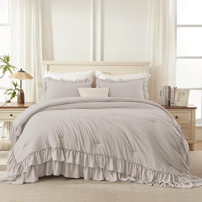 Andency Linen King Comforter Set (104x90Inch), 3 Pieces Ruffle Bedding Set with 2 Pillowcases, Farmhouse Shabby Chic Lightweight Fluffy Soft All Season Bed Set