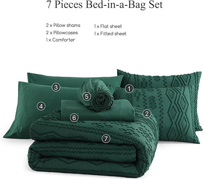 Full Size Comforter Set Emerald Green, Tufted Boho Bedding Dark Green Farmhouse Bed Set, All Season 7 Pieces Bed in a Bag with Sheets, Pillowcases & Shams