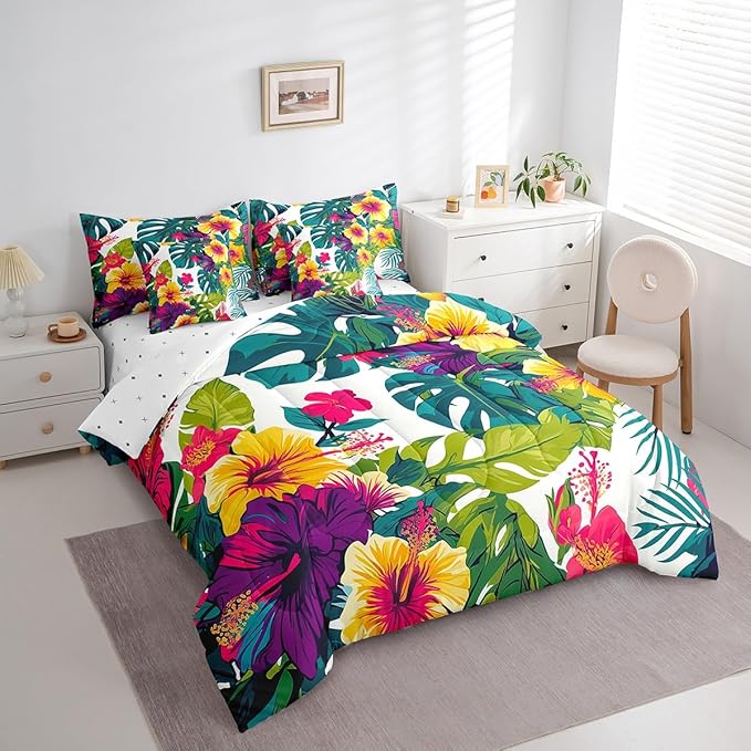 Feelyou Flower Comforter Set Queen Size 7 Pieces Palm Leaf Bedding Set for All Season Floral Blossom Botanical Nature Theme Bed in a Bag with Comforter, Sheets, Pillowcases & Cushion Cover