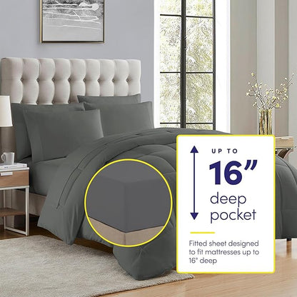 King Size Comforter Set with Sheets - 7-Piece Bedding Collection - 1 Comforter, 1 Fitted Sheet, 1 Flat, 4 Pillowcases - Deep Pocket - Soft & Breathable Premium Quality - Ideal for All Seasons, Gray