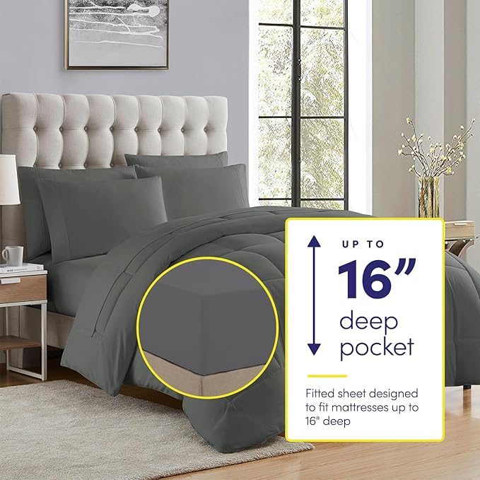 Sweet Home Collection RV Short Queen Comforter Set for RV Camper - Comforter Set with Fitted & Flat Sheet, 4 Pillowcases - Tailored for RV Short Queen Beds - Cozy Essentials for Your RV Bedroom, Gray