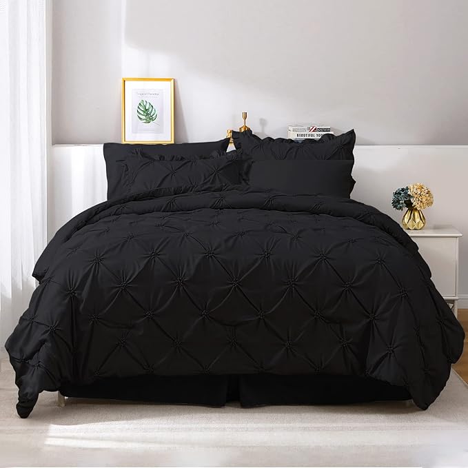 JOLLYVOGUE Black Cal King Size Comforter Sets 7 Pieces, Pintuck Bed in a Bag Comforter Set for Bedroom, Bedding Comforter Sets with Comforter, Sheets,Ruffled Shams & Pillowcases
