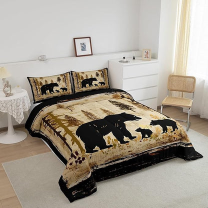 Feelyou Bear Bedding Set for Kids Toddler King Size Black Bears Comforter Set Boys Girls Cabin Rustic Farmhouse Bedding Set Wildlife Duvet Set 3Pcs
