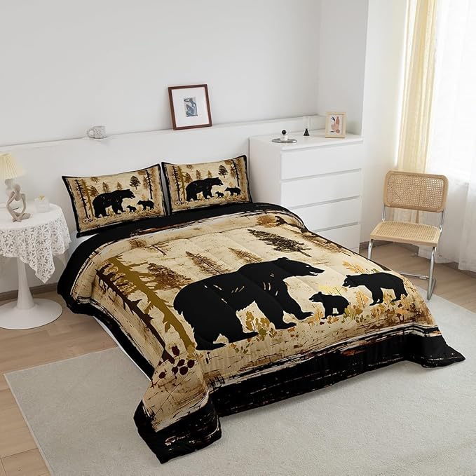 Feelyou Bear Bedding Set for Kids Toddler Full Size Black Bears Comforter Set Boys Girls Cabin Rustic Farmhouse Bedding Set Wildlife Duvet Set 3Pcs