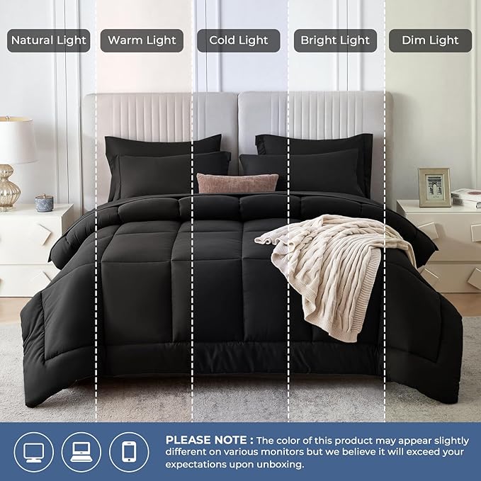 Sasttie Oversized Queen Comforter Set, 7 Pieces Extra Large Bed in a Bag, Complete Bedding Set Includes 98''x98'' Comforter, Flat Sheet, Fitted Sheet, Pillowcases and Pillow Shams, Black