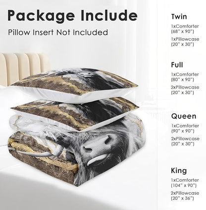 Comforter Set Full Size, Highland Cow Bull 3 Pcs Soft Bedding Set for Kids and Adults, Animal Farm Marble Comforter Set with 2 Pillowcases, for Bedroom Bed Decor