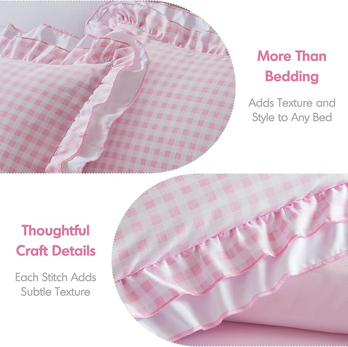 Intelligent Design Rowena Full Comforter Set – Blush Pink Gingham Ruffled Bedding, Vintage Farmhouse Style, Reversible All Season 4-Piece Bedding Set, Full/Queen, Gift for Her