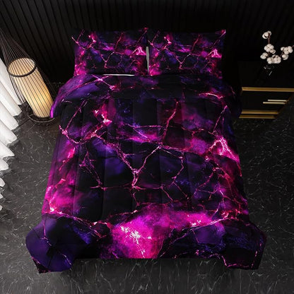 Pink Comforter Set Queen Size，Pink Marble Bedding Set 3 Pcs Bedding for Adults, Marble Room Decor with Comforter and 2 Pillowcases Soft and Lightweight B-Side Black