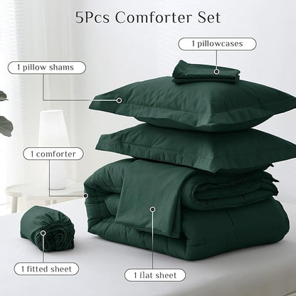 JOLLYVOGUE Twin Comforter Set, Ultra-Soft Bed in a Bag Twin Size 5 Pieces, Oeko-TEX Certified Bedding Set with Down Alternative Comforter, Sheets, Pillowcases & Shams, Emerald Green