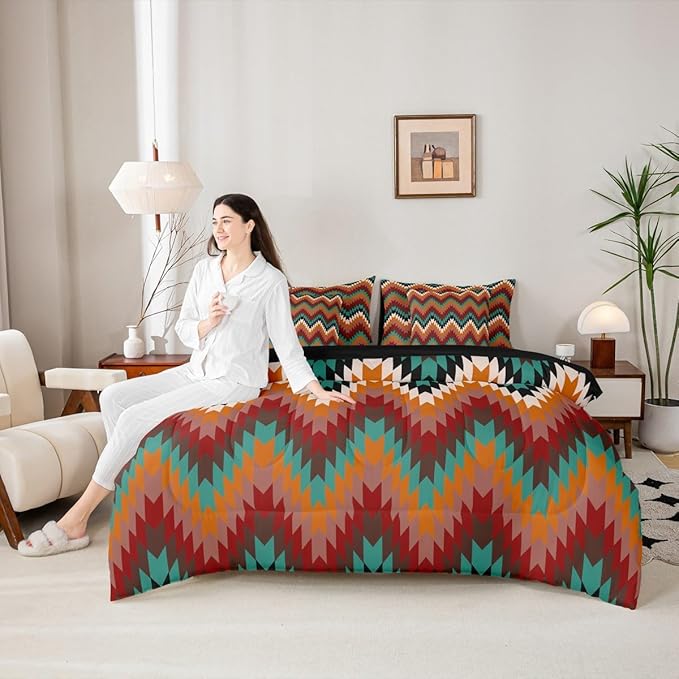 Erosebridal 7 Piece Aztec King Comforter Set with Sheets Western Native Tribal Bed in A Bag Rustic Southwestern Bedding Sets for Teens Teenager Farmhouse Mexican Geometric Striped Bed Set