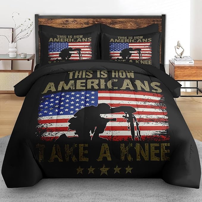 Comforter Set Full Size, American Flag Military Gun 7 Pcs Bedding for Kids and Adults, Memorial America Army Bed Sheet Sets with Fitted Sheet 2 Pillowcases & 2 Shams