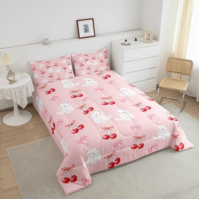 Feelyou Pink Girls Bow Comforter Set Full Size Cute Cat Bedding Set for Boys Teens Decor Kawaii Cherry Print Comforter Cute Bowknot Duvet Set Bedroom Lovely Bow Quilt Set 3Pcs