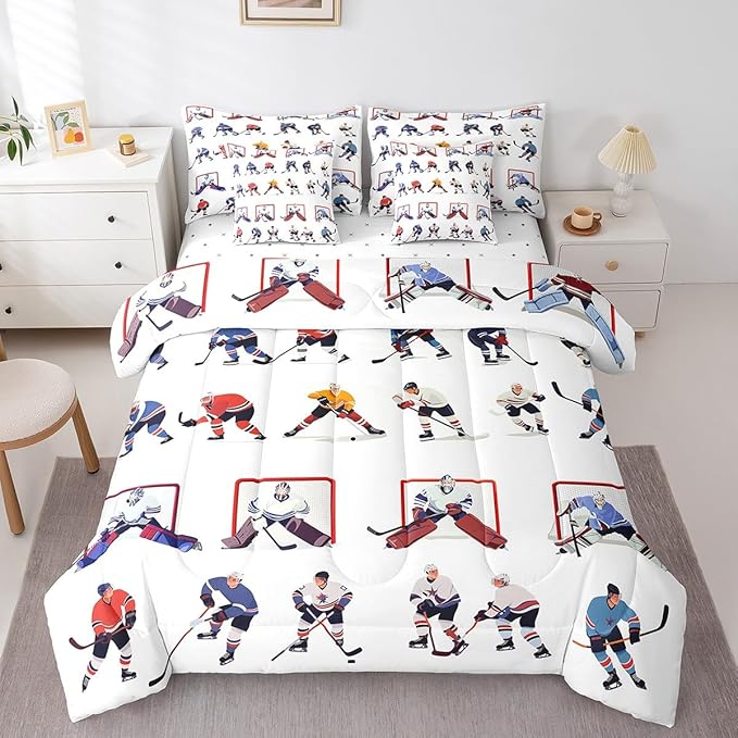 Feelyou Ice Hockey Comforter Set Twin Size 7 Pcs Hockey Lover Comforter Bed in a Bag Winter Sports Bedding Set for Boys Girls Teens Hockey Bed Set with Sheets, Pillowcases, Pillow Covers