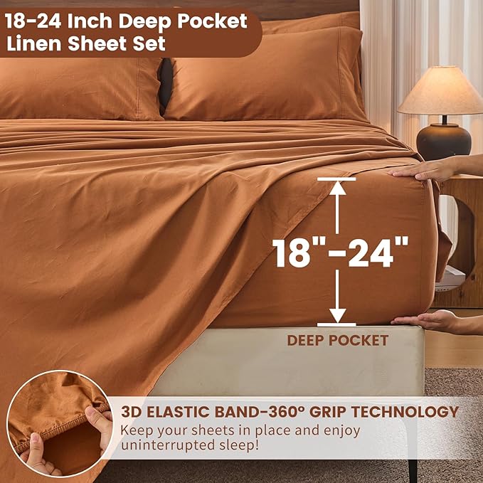 Bedlifes 100% French Flax Linen Sheets Set Queen Size - 6 Piece Extra Deep Pocket 18-24",Soft Breathable Queen Bed Sheets with Temperature Regulating & Moisture-Wicking(Brown