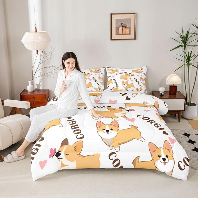 Erosebridal Kid Corgi Dog Comforter Set Twin Cute Puppy Down Comforter Cartoon Pet Dog Happy Farm Animal Love Pattern Quilted Duvet, with 2 Pillow Cases, Super Soft Breathable Duvet Insert, White