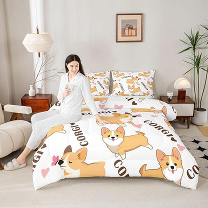Erosebridal Kid Corgi Dog Comforter Set Queen Cute Puppy Down Comforter Cartoon Pet Dog Happy Farm Animal Love Pattern Quilted Duvet, with 2 Pillow Cases, Super Soft Breathable Duvet Insert, White