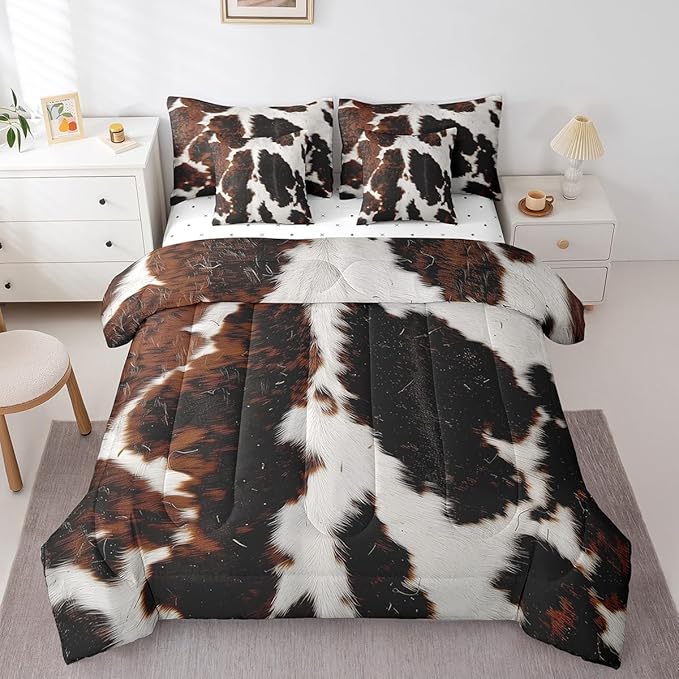 Erosebridal Milk Cow Print King Comforter Set 7pcs Brown Cow Print Bedding Comforter Sets, Faux Fur Pattern Bed in a Bag Grid Plaid Bedding Set, Farmhouse Wildlife Hair Bed Sheets Set