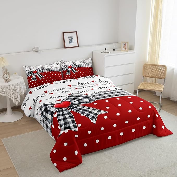 Erosebridal Bowknot Girls Bedding Comforter Sets Plaid Bow Tie Bedding Set Romantic Princess Style White Dots Comforter Set King for Kids Teen Women,Red Black Dreamy Quilt Duvet 2 Pillow Cases