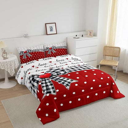 Erosebridal Bowknot Girls Bedding Comforter Sets Plaid Bow Tie Bedding Set Romantic Princess Style White Dots Comforter Set King for Kids Teen Women,Red Black Dreamy Quilt Duvet 2 Pillow Cases
