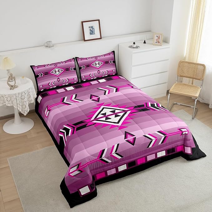 Erosebridal Western Aztec Quilt Set Pink Black Boho Comforter Set Toddler for Kids Girls Adults Women,American Native Southwestern Bedding Sets Ethnic Exotic Tribal Geometric Bed Set 2 Pcs