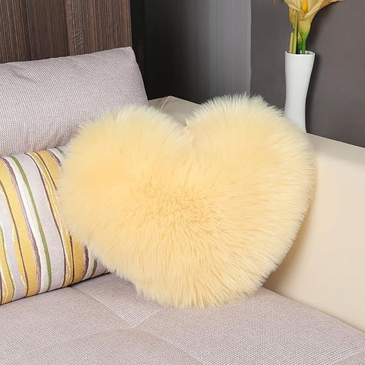 HANDKEI Love Pillow, Heart-Shaped Long Plush, Pink Imitation Wool, Living Room Sofa, Cute Cushion, Bedside Cushion (Beige, 11.81 inch X 15.74 inch)