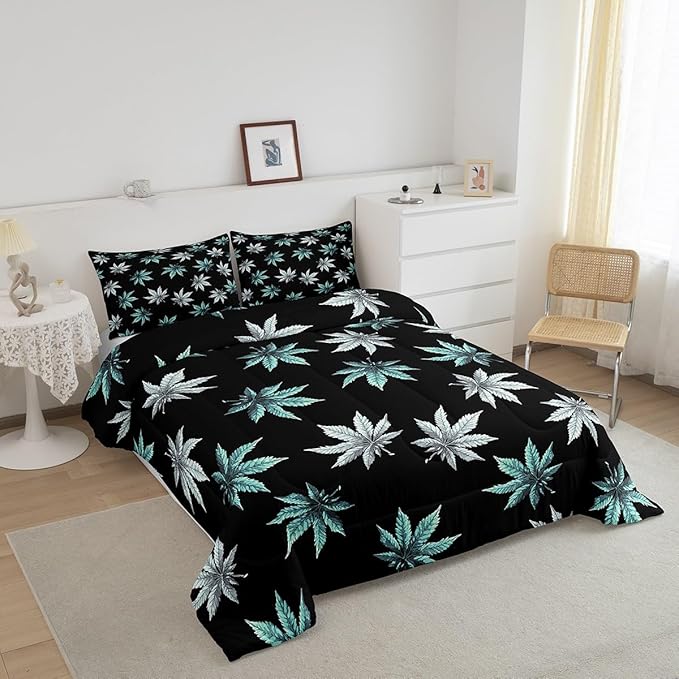 Erosebridal Turquoise Leaves Comforter Set Full, Leaves Bedding for Kids Boys Girls,Tropical Botanical Down Comforter,Exotic Plant Bedding Comforter Sets