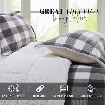 Elegant Comfort 3-Piece Buffalo Lodge-Plaid Comforter Set, Luxurious, Heavyweight, All Season, Down Alternative-Micromink Sherpa-Backing Reversible Micro-Suede, Soft and Plush, Twin, Gray/White