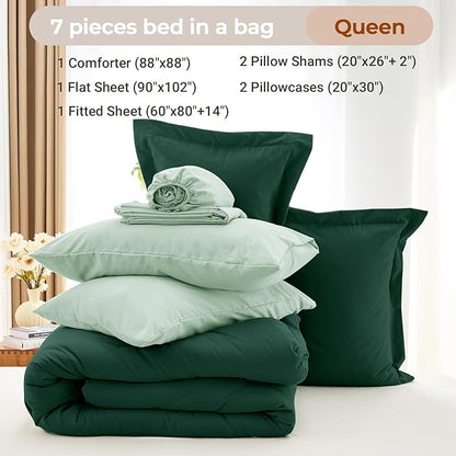 MUXHOMO 7 Pieces Queen Comforter Set, Soft Bed in a Bag Queen Size, All Season Bedding Set with Comforter, Flat Sheet, Fitted Sheet, Pillowcases & Shams, Forest Green & Sage Green