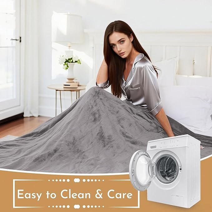 Electric Heated Blanket 50"x60" Throw Size Flannel Heated Blanket, Cozy & Warm for All Night, 5 Heat Settings & 3 Hours Auto Off, Machine Washable, Light Grey