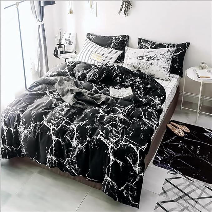 KAREVER Black Comforter Set Boys Black Marble Bedding Set Twin Lightweight Soft Blanket Teen Boy Girls Breathable Black Marble Quilt Set 3 PCs Bed Comforter Set