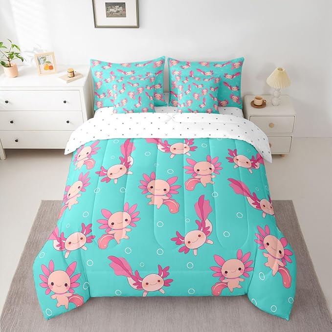 Erosebridal Axolotl Bed in A Bag King | Kawaii Pink Salamander Wildlife 7 Piece Comforter Set Wild Animals Sheet Set Breathable Lightweight Underwater World Fitted Sheet Reversible