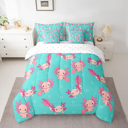 Erosebridal Axolotl Bed in A Bag King | Kawaii Pink Salamander Wildlife 7 Piece Comforter Set Wild Animals Sheet Set Breathable Lightweight Underwater World Fitted Sheet Reversible