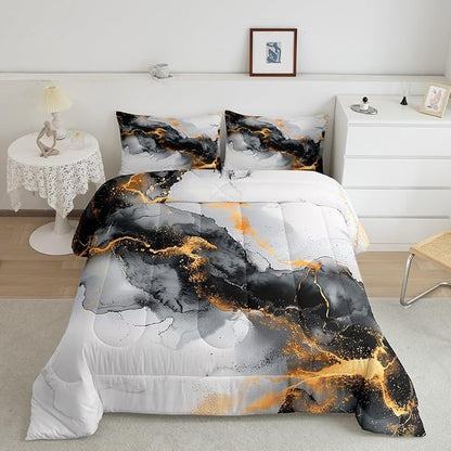 Black Orange Marble Bedding Comforter Sets 7 Pieces Watercolor Artwork Bed in a Bag, Abstract Foil Print Full Bedding Sets Aesthetic Marbling Comforter Set, Mountain Fluid Bedding Sets & Collections