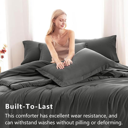 CozyLux King Size Comforter Set Dark Grey, 7 Pieces Bed in a Bag King Comforter Set with Sheets, Bedding Set with Down Alternative Comforter, Fitted Sheets, Flat Sheets, Pillow Shams and Pillowcases