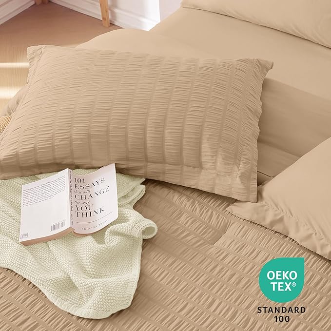 MUXHOMO 7 Pieces Full Comforter Set, Seersucker Bed in a Bag Full Size, All Season Luxury Bedding Set with Comforter, Flat Sheet, Fitted Sheet, Pillowcases & Shams, Khaki