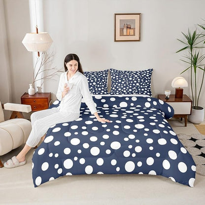 Manfei White Polka Dots Comforter Set Queen Size 3 Pcs,French Style Cute Dots Print Bedding Set,Geometric Circles Navy White Simple Quilt Set for Young Adults,2 Pillowcases