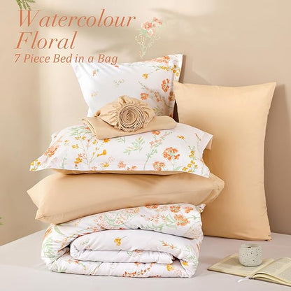 Yiran Coral Orange Watercolour Floral Comforter Set King Size, 7 Piece Cute Botanical Comforter Bedding Set, Bed in a Bag King, Soft Microfiber Complete Bedding Set with Sheets for All Season