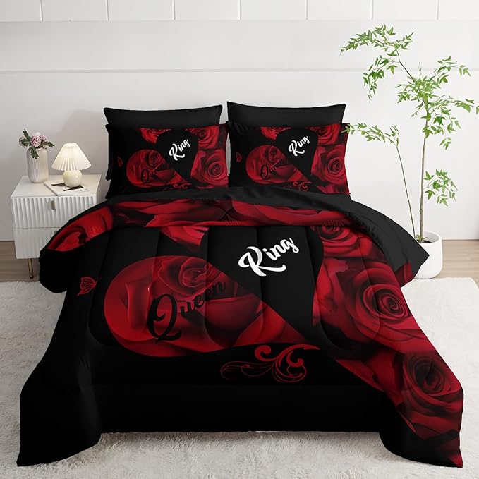 7 Piece Red and Black Rose King Comforter Set，King Quilt Bedding Set Rose，(1 Comforter, 1 Flat Sheet, 1 Fitted Sheet, 2 Pillowcase and 2 Pillow Sham)