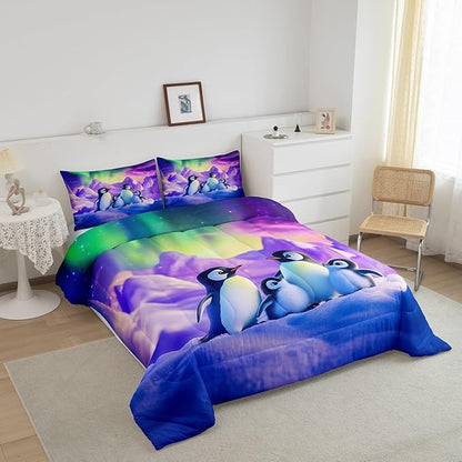 Cartoon Penguin Family Comforter Full,Watercolor Aurora Neon Purple Green Quilt Comforter with 2 Pillowcases,Cute Wildlife 3D Mountain Bedding Set Comfortable,Soft and Breathable